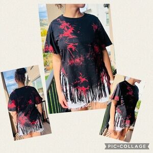 NEW REMIDOO COTTON TIE DYE FRINGE HEM OVERSIZED T-SHIRT FREE KITTY CAT HEADBAND